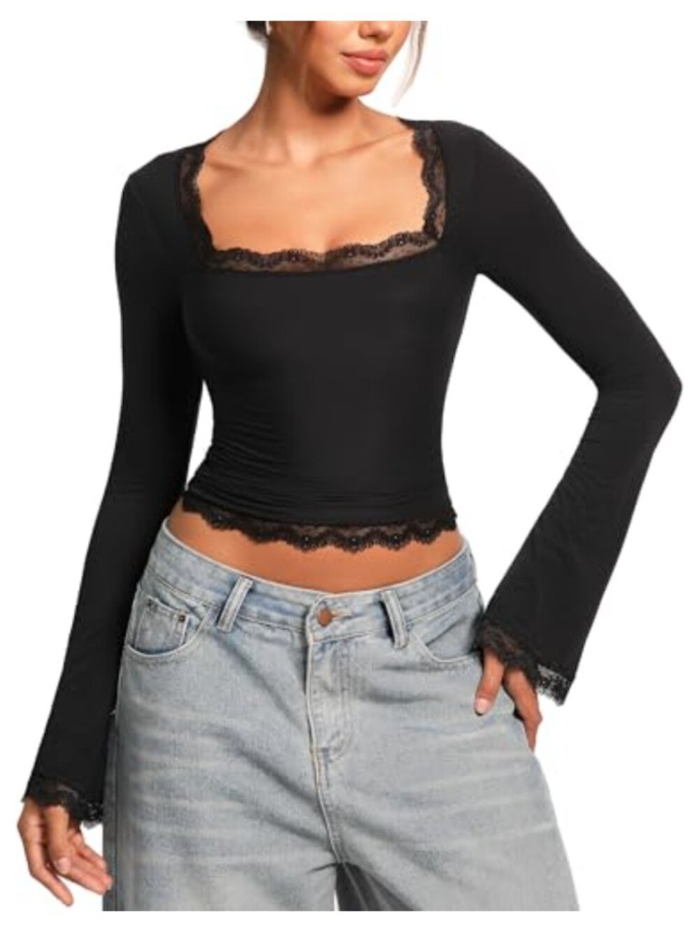 Women Square Neck Bell Long Sleeve Lace Trim Double Lined Fitted Top